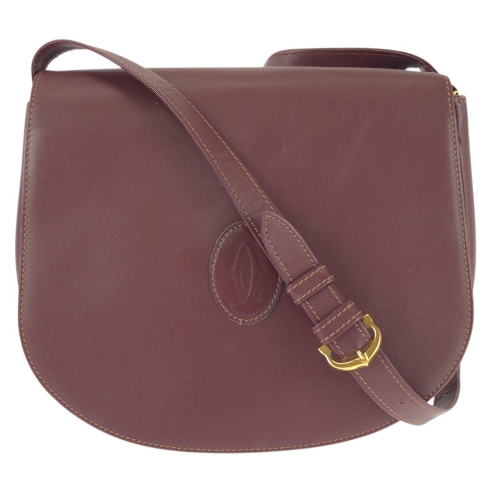CARTIER Vintage Must Line Wine Red/Bordeaux Leather Shoulder Bag/Messenger Ba...
